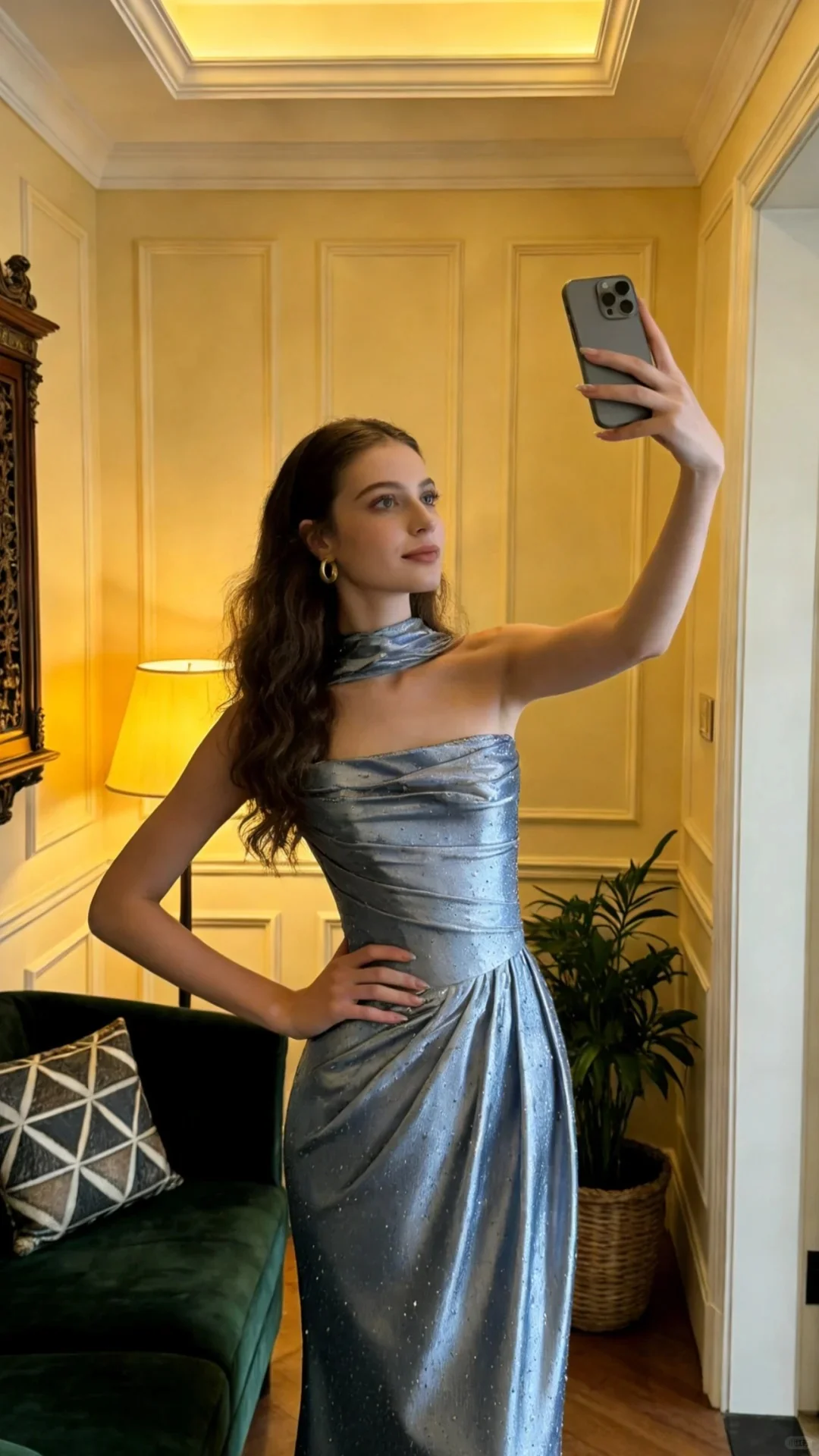 Elegant Silver Gray Mermaid Ruched Rhinestone Satin Long Prom Dress Evening Dress P4906 - Image 4