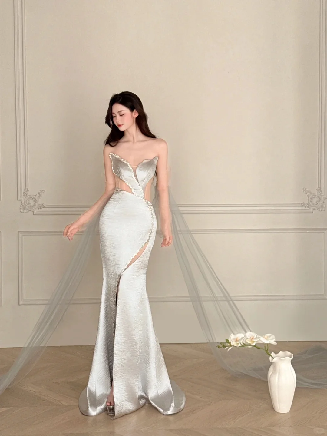 Elegant Silver-Grey Mermaid Strapless Satin Long Prom Dress Evening Dress P4107 - Image 2