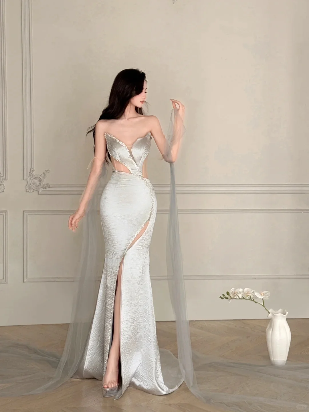 Elegant Silver-Grey Mermaid Strapless Satin Long Prom Dress Evening Dress P4107 - Image 6