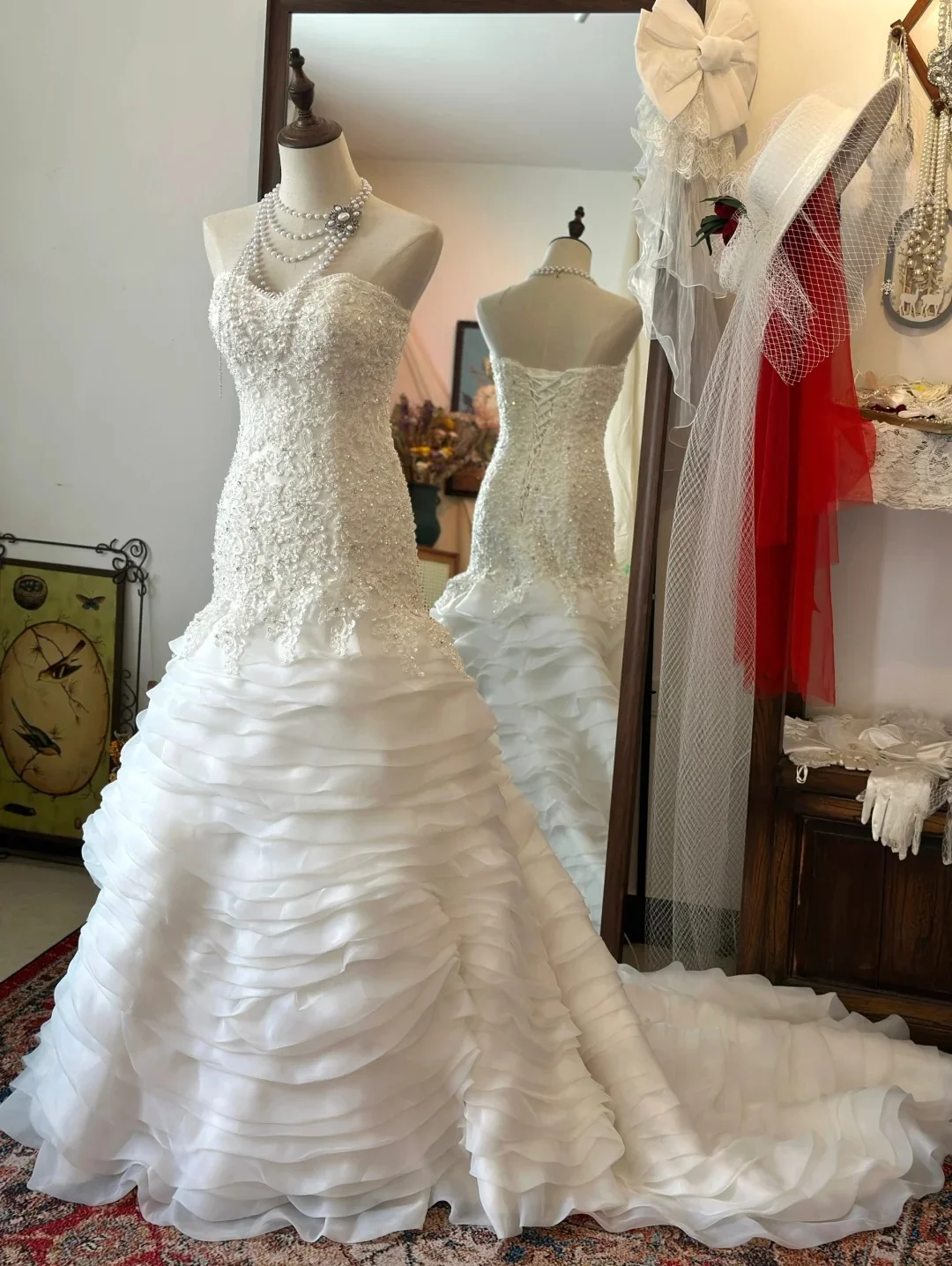 Elegant Slim Fit Tie Sweetheart Neck Lace Multi-layer Tulle Splicing Mermaid Trailing Wedding Dress P2953 - Image 4