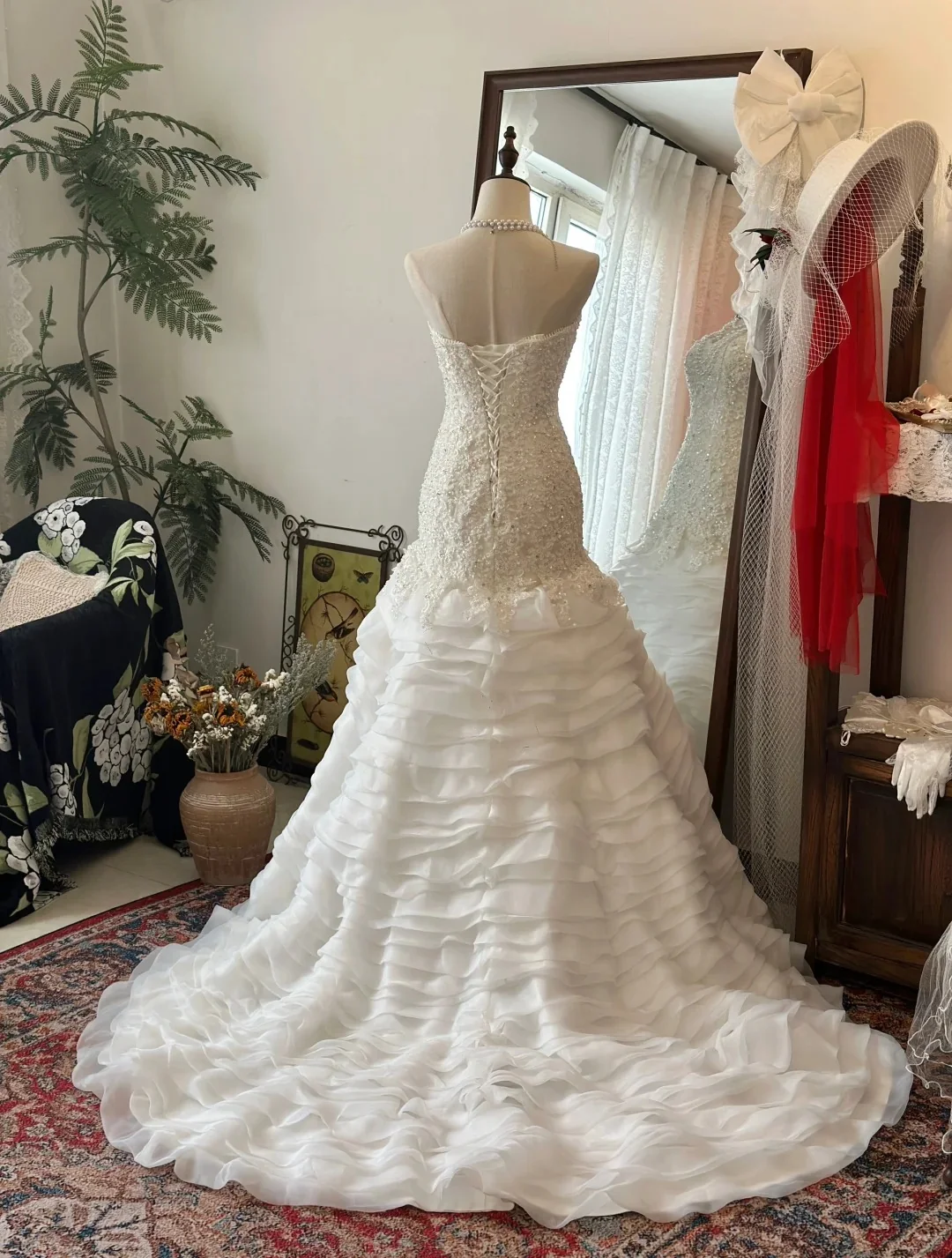 Elegant Slim Fit Tie Sweetheart Neck Lace Multi-layer Tulle Splicing Mermaid Trailing Wedding Dress P2953 - Image 5