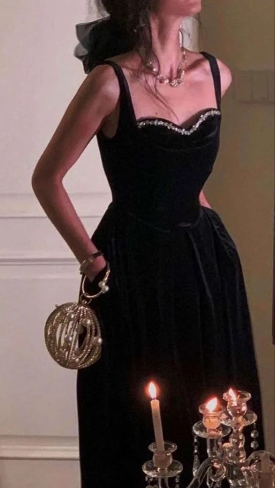 Elegant Spaghetti Strap Velvet Vintage Black Dress Women Birthday Outfits P941 - Image 3