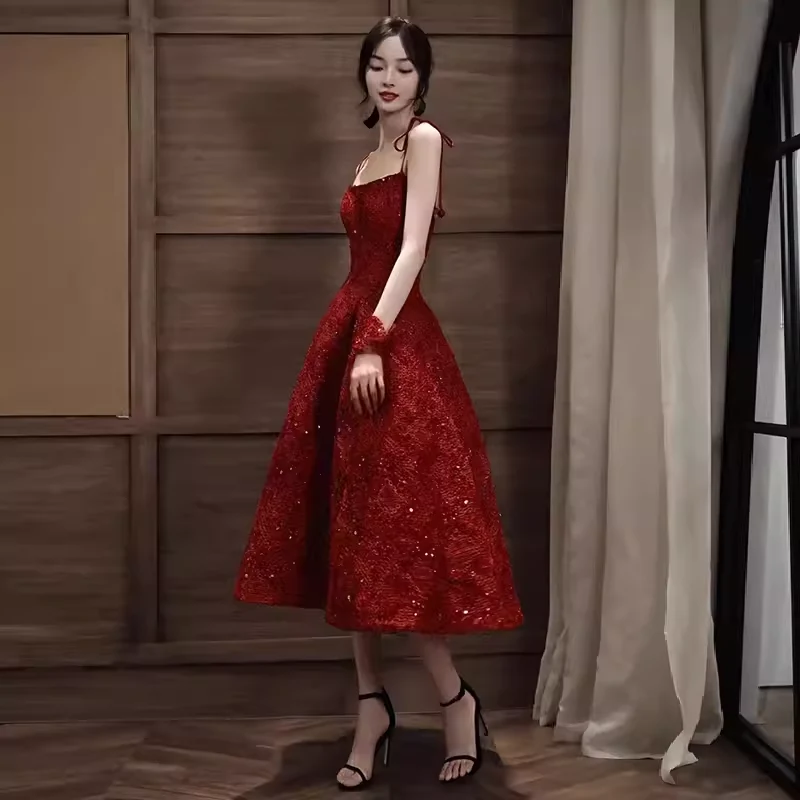 Elegant Spaghetti Straps Vintage Lace Red Dress Women Birthday Outfits P1005 - Image 4