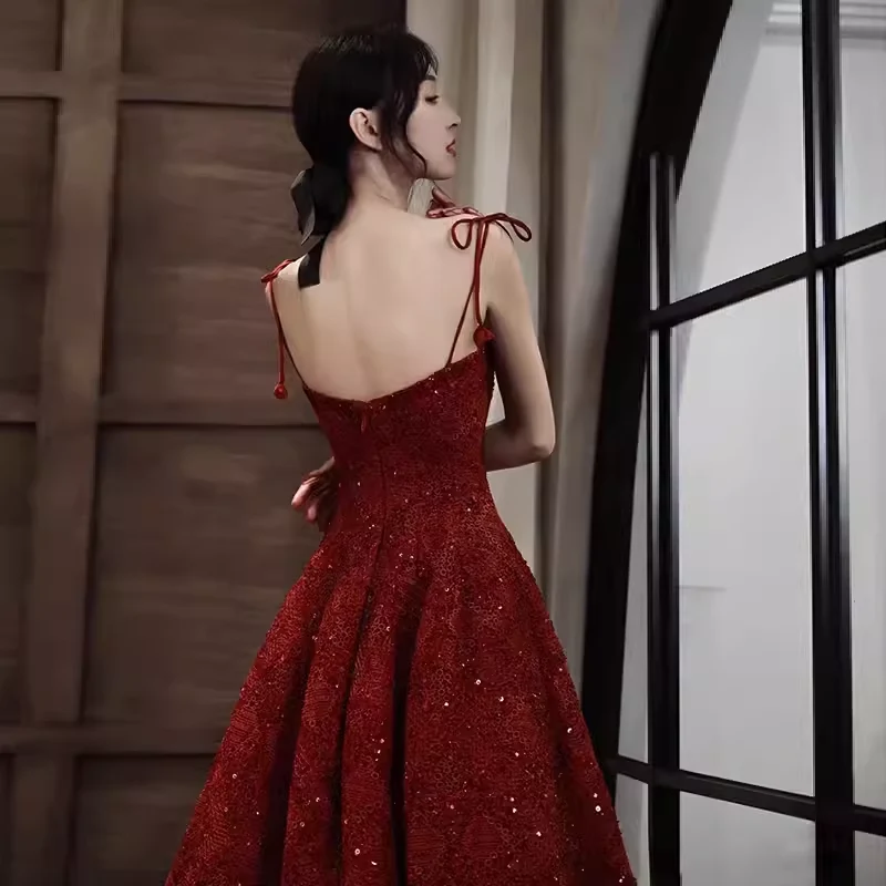 Elegant Spaghetti Straps Vintage Lace Red Dress Women Birthday Outfits P1005 - Image 5