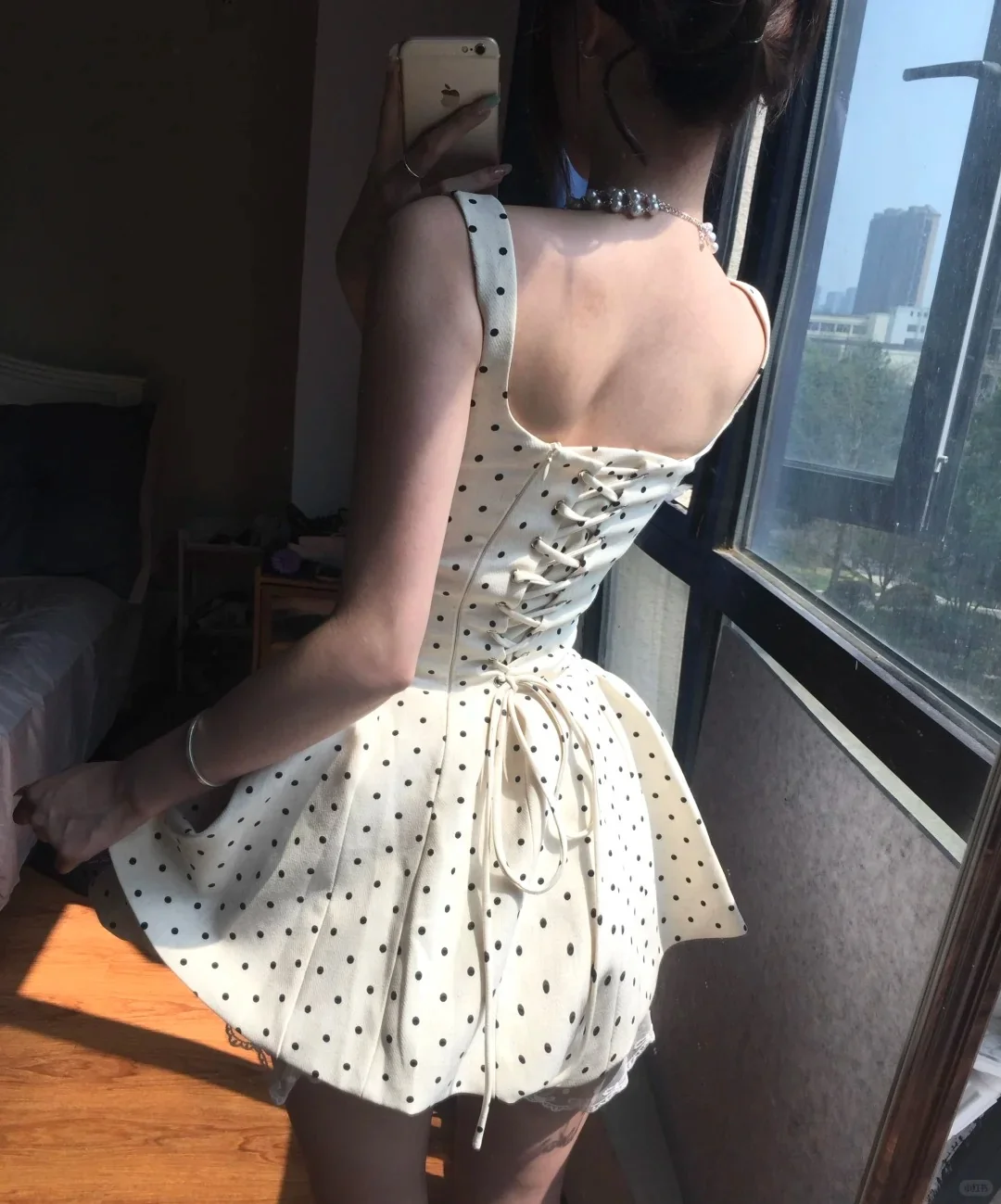 Elegant Square Neck Polka Dot Straps Back Tie Mini Homecoming Dress P3581 - Image 2