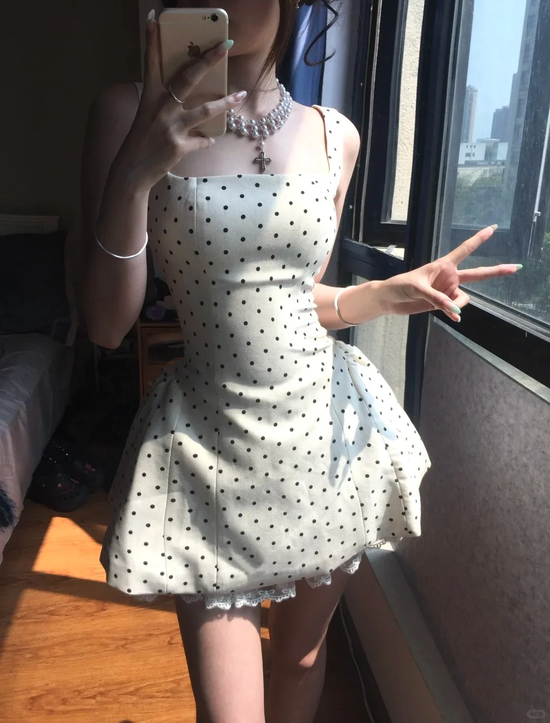Elegant Square Neck Polka Dot Straps Back Tie Mini Homecoming Dress P3581 - Image 3