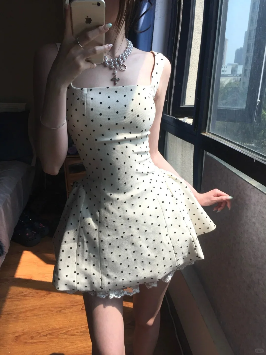 Elegant Square Neck Polka Dot Straps Back Tie Mini Homecoming Dress P3581 - Image 4