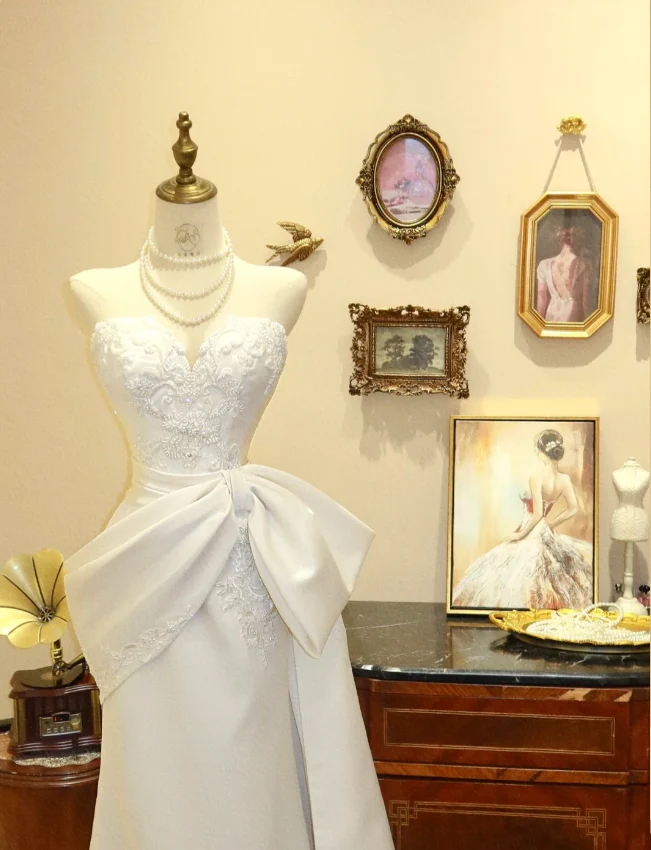 Elegant Sweetheart Neck Satin Fishtail Butterfly Wedding Dress P2785 - Image 2