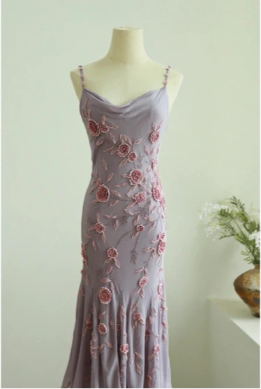 Elegant Swing Collar 3D Rose Strap Chiffon Mermaid Prom Dress P3786 - Image 4