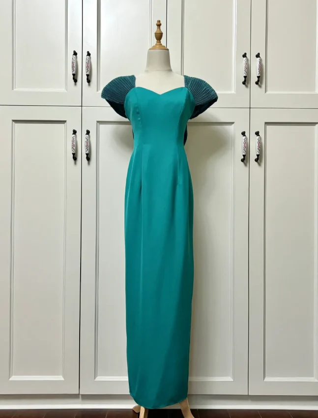 Elegant Teal Bow Fitted Satin Long Prom Dress Evening Dress P4191