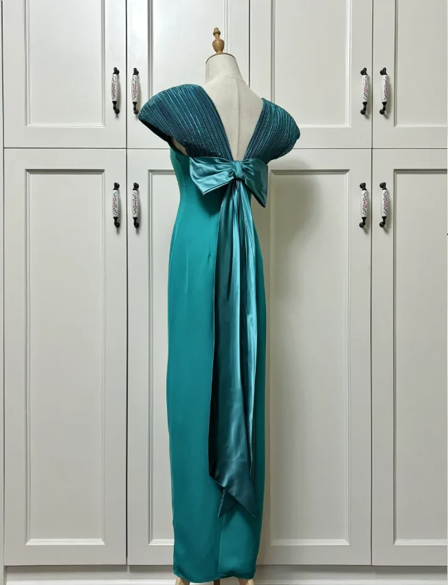 Elegant Teal Bow Fitted Satin Long Prom Dress Evening Dress P4191 - Image 2