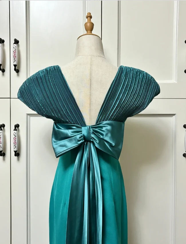 Elegant Teal Bow Fitted Satin Long Prom Dress Evening Dress P4191 - Image 3