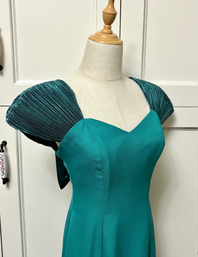 Elegant Teal Bow Fitted Satin Long Prom Dress Evening Dress P4191 - Image 5