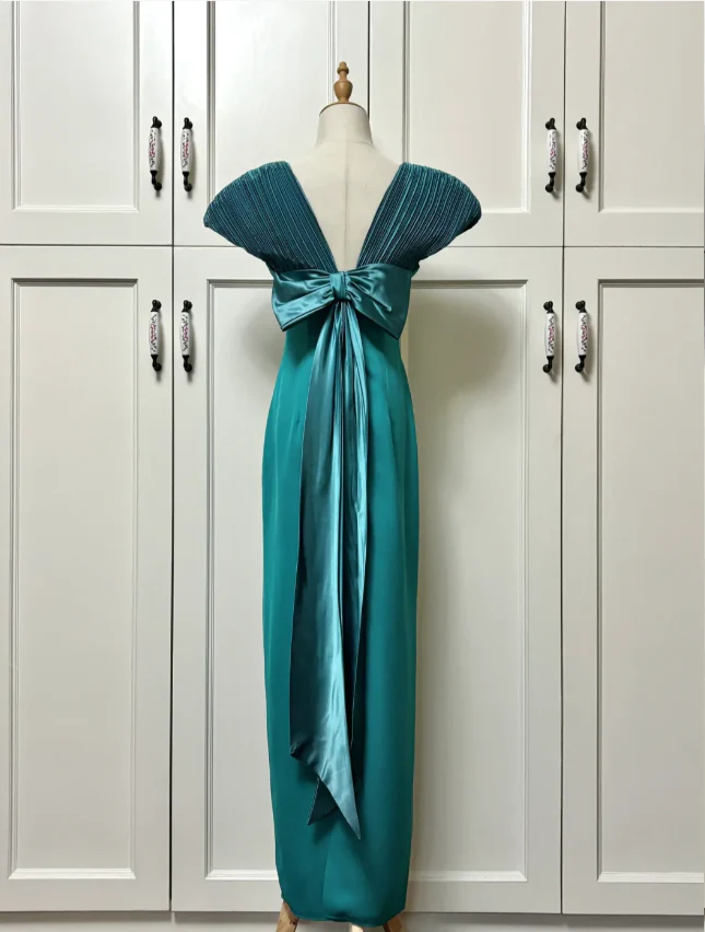 Elegant Teal Bow Fitted Satin Long Prom Dress Evening Dress P4191 - Image 6