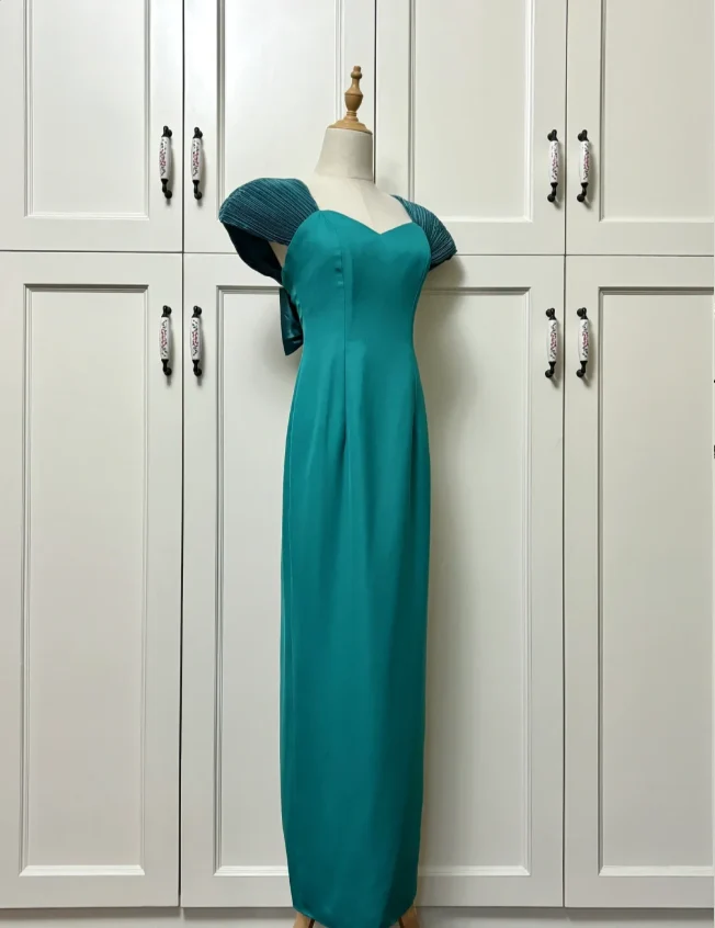 Elegant Teal Bow Fitted Satin Long Prom Dress Evening Dress P4191 - Image 7