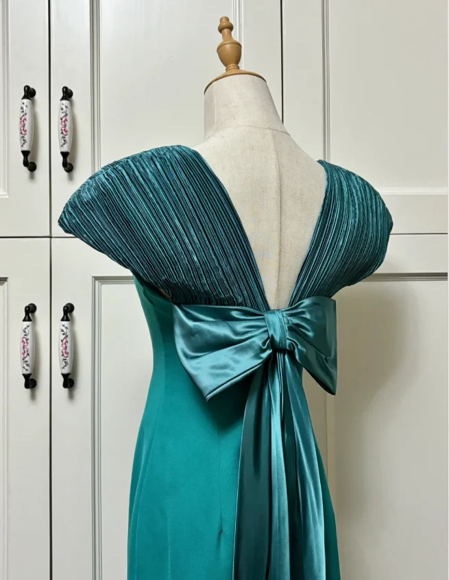 Elegant Teal Bow Fitted Satin Long Prom Dress Evening Dress P4191 - Image 8