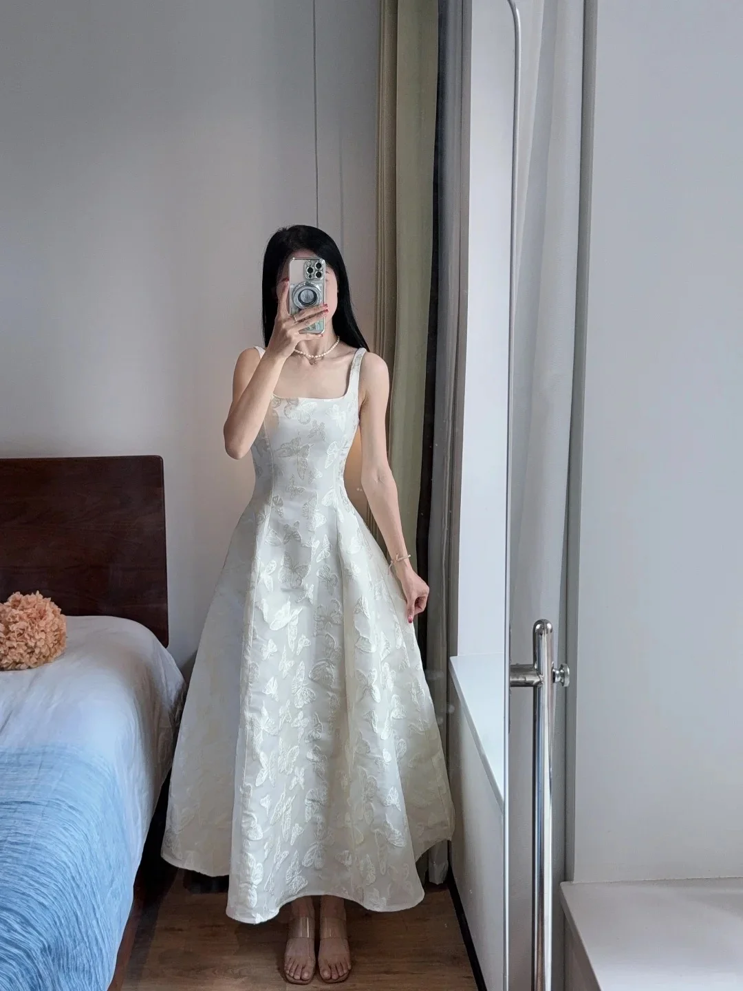 Elegant White A-line Square Neck Halter Top With Butterfly Jacquard Satin Long Prom Dress Evening Dress P4168 - Image 3