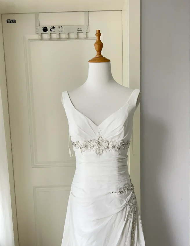 Elegant White Deep V-neck Beaded Chiffon Prom Dress Evening Dress P4213 - Image 3