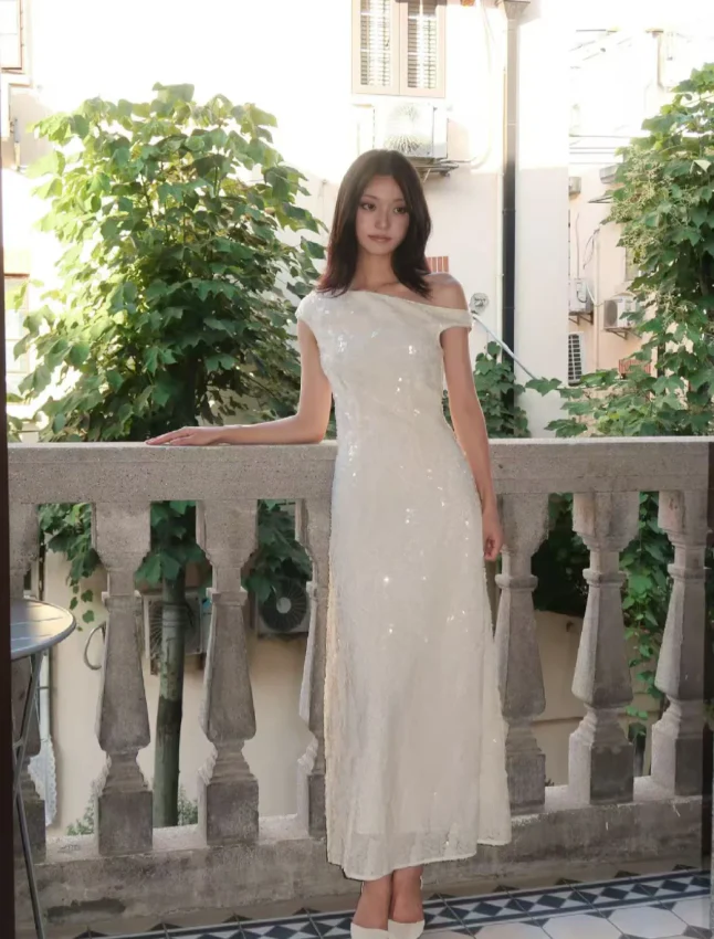 Elegant White Fitted One-shoulder Sequined Long Prom Dress Evening Dress P4128 - Image 2