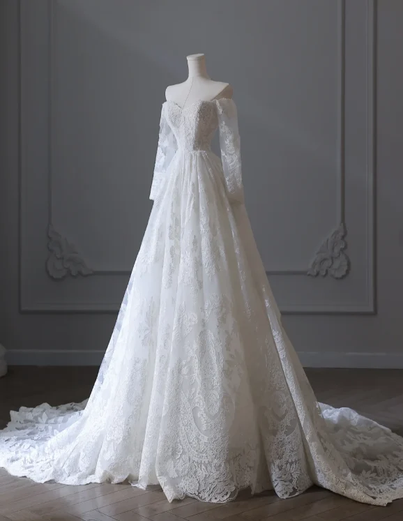 Elegant White Lace Long Sleeve Off-Shoulder A-Line Wedding Dress P2551 - Image 2