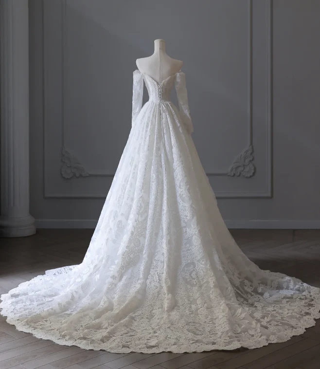 Elegant White Lace Long Sleeve Off-Shoulder A-Line Wedding Dress P2551 - Image 3