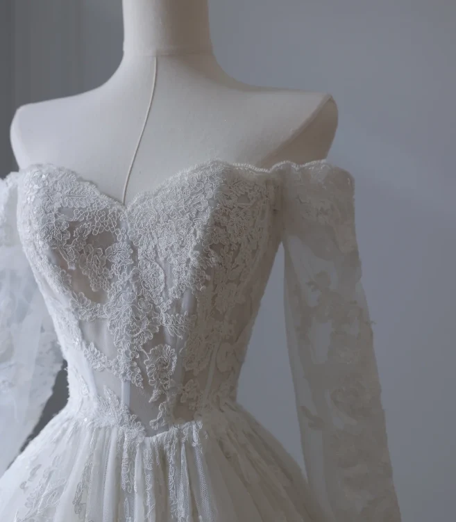 Elegant White Lace Long Sleeve Off-Shoulder A-Line Wedding Dress P2551 - Image 5
