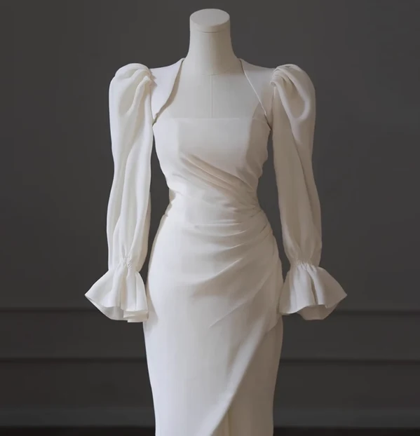 Elegant White Long Sleeve Slit Mermaid Simple Wedding Dress P2655 - Image 2