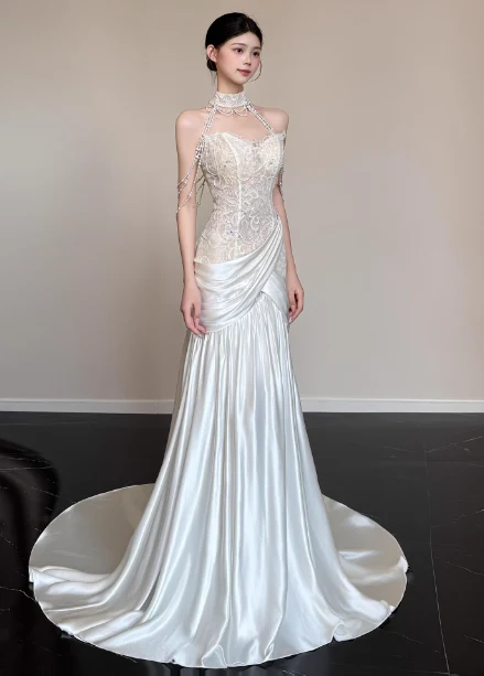 Elegant White Mermaid Halter Neck Lace Satin Train Wedding Dress P4450 - Image 4