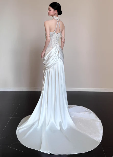 Elegant White Mermaid Halter Neck Lace Satin Train Wedding Dress P4450 - Image 5
