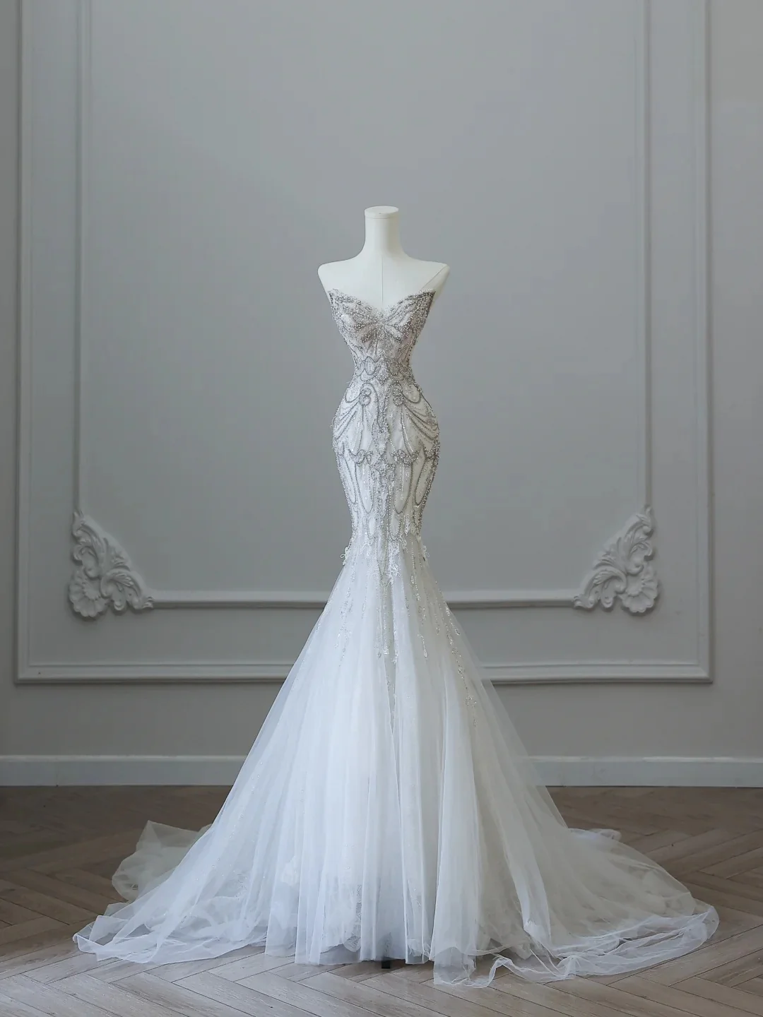 Elegant White Mermaid Off-the-Shoulder Bodycon Beaded Tulle Floor-Length Wedding Dress P2532 - Image 2