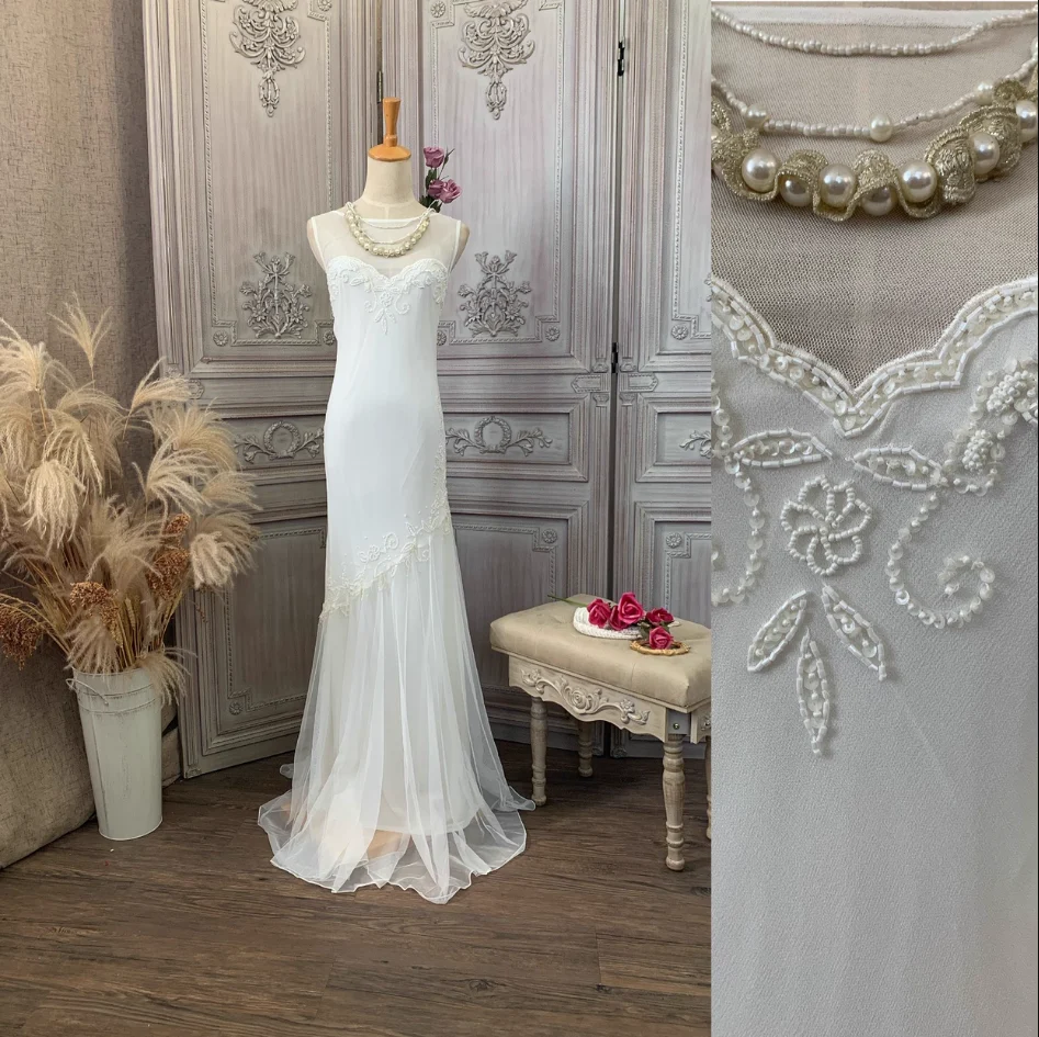 Elegant White Mermaid Sleeveless Beaded Chiffon Long Prom Dress Evening Dress P4352 - Image 3