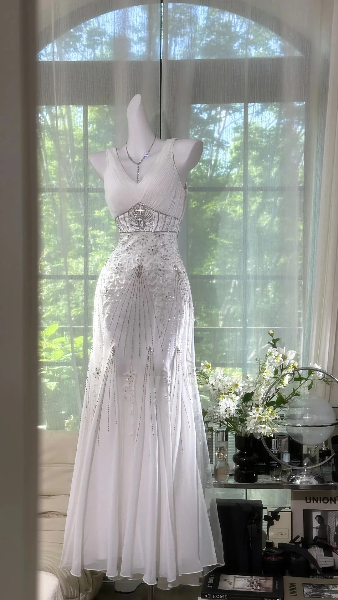 Elegant White Mermaid Strapless V-neck Beaded Chiffon Long Prom Dress Evening Dress P4039 - Image 2