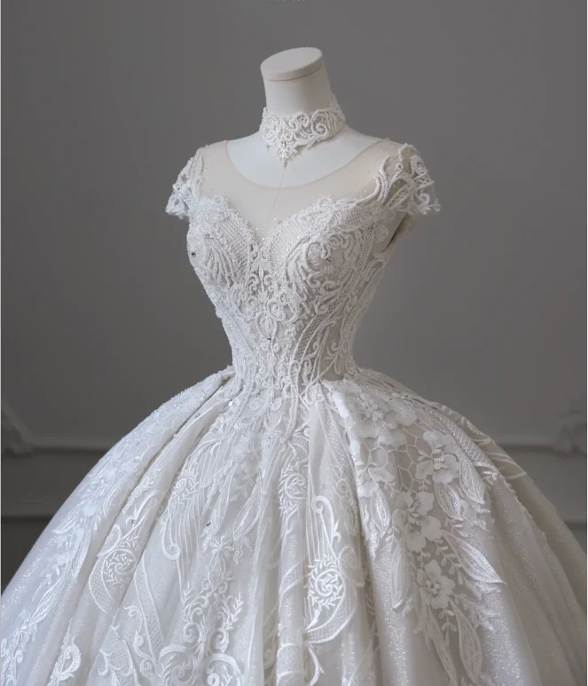 Royal French Round Neck Embroidered Princess Floor-Length Wedding Dress P2595 - Image 3