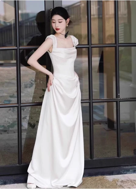Elegant White Off-the-Shoulder Satin Long Prom Dress Evening Dress Wedding Dress P4359 - Image 3