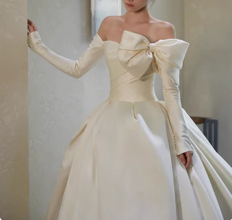 Elegant White One Shoulder Bow Long Sleeve Satin A-Line Wedding Dress P2760