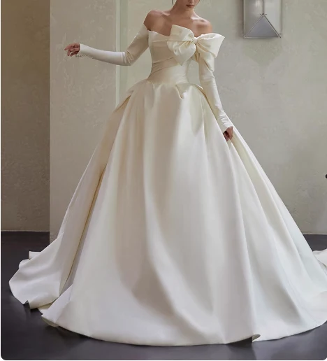 Elegant White One Shoulder Bow Long Sleeve Satin A-Line Wedding Dress P2760 - Image 2