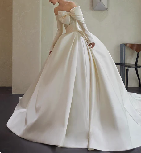 Elegant White One Shoulder Bow Long Sleeve Satin A-Line Wedding Dress P2760 - Image 3