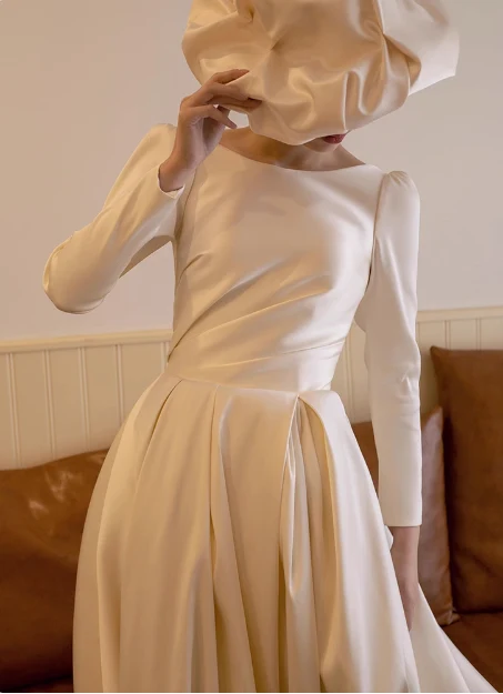 Elegant white satin long-sleeved open-back wedding dress with small train P2743 - Image 5
