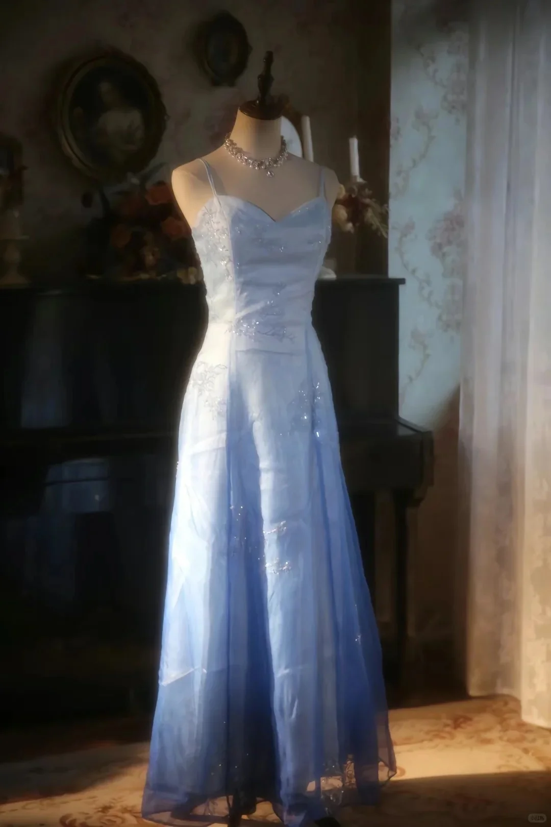 Vintage Gradient Blue Spaghetti Strap Beaded Tulle Long Prom Dress P3427 - Image 2