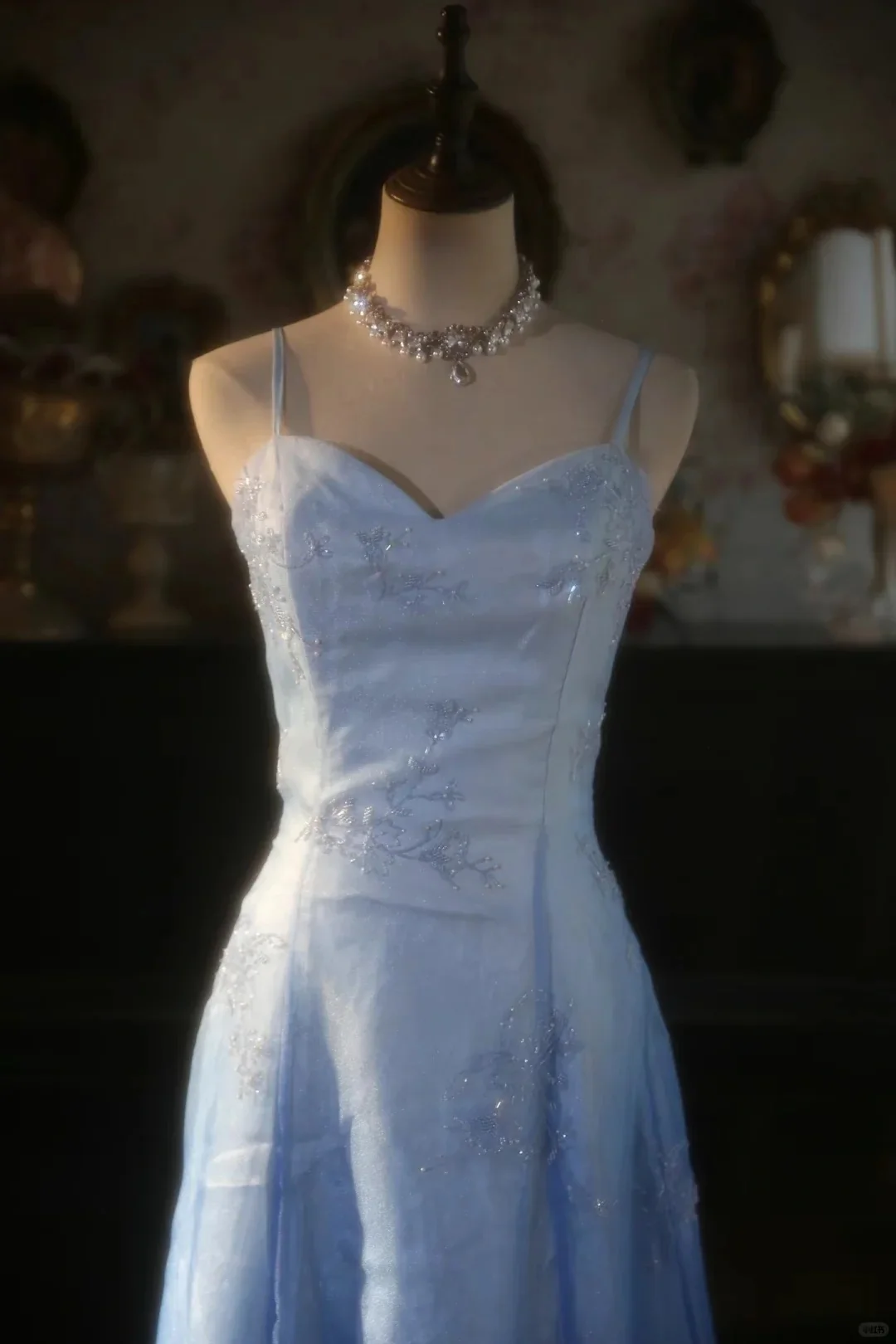 Vintage Gradient Blue Spaghetti Strap Beaded Tulle Long Prom Dress P3427 - Image 3