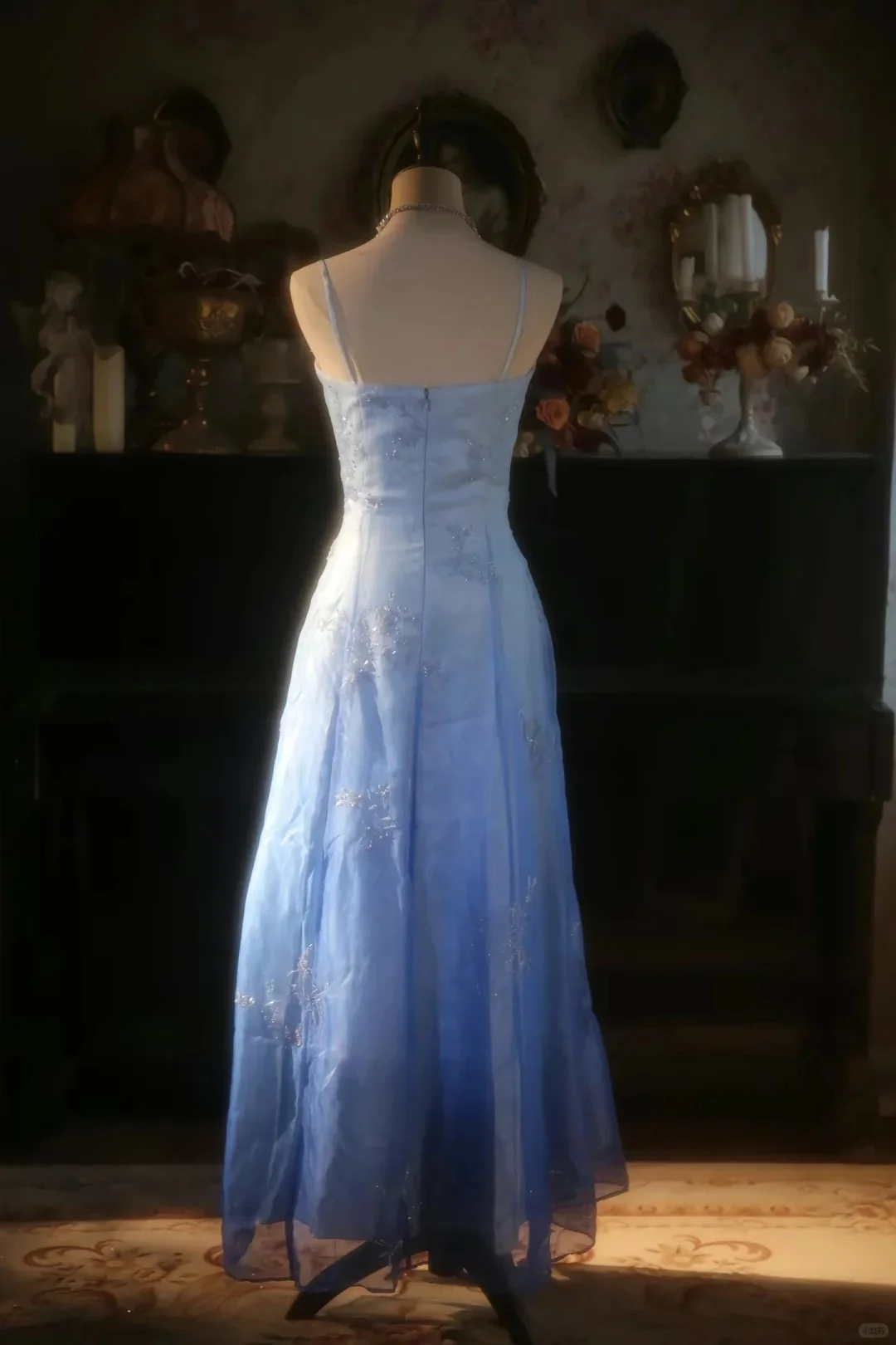 Vintage Gradient Blue Spaghetti Strap Beaded Tulle Long Prom Dress P3427 - Image 6