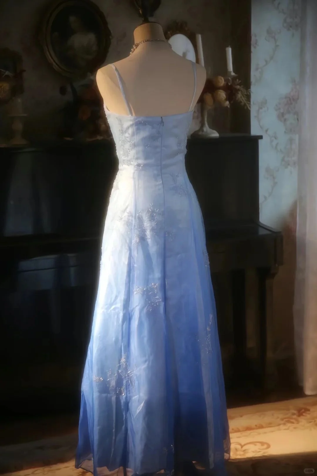 Vintage Gradient Blue Spaghetti Strap Beaded Tulle Long Prom Dress P3427 - Image 7