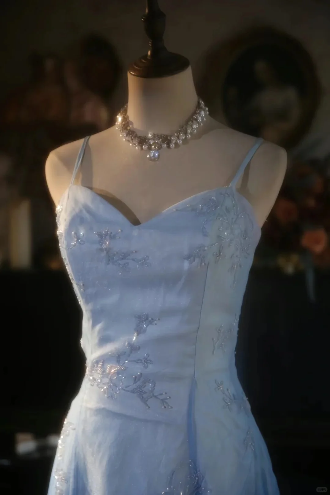 Vintage Gradient Blue Spaghetti Strap Beaded Tulle Long Prom Dress P3427 - Image 9