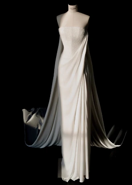 Elegant white strapless chiffon mermaid wedding dress P2681 - Image 2
