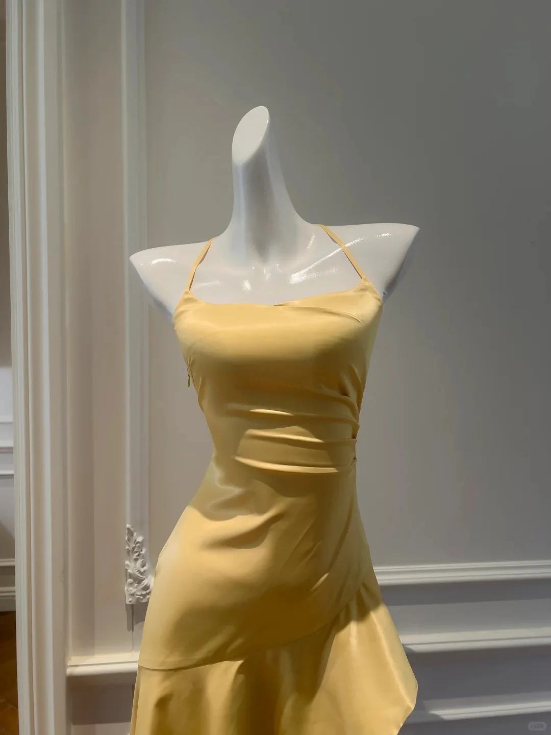 Elegant Yellow Irregular Halter Neck Satin Short Front Long Back Prom Dress P4052 - Image 2