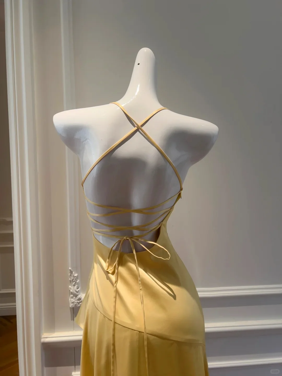 Elegant Yellow Irregular Halter Neck Satin Short Front Long Back Prom Dress P4052 - Image 5