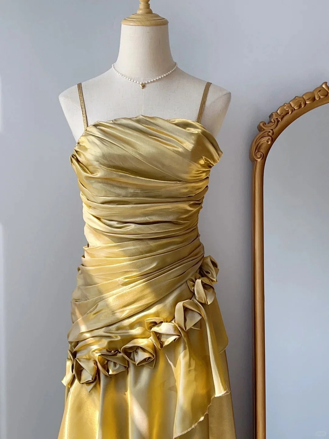 Elegant Yellow Strap Pleated 3D Flower Satin Long Prom Dress P3324 - Image 2