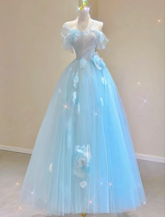 Fairy A line Blue Floral Prom Dresses Evening Dress P2057 - Image 3