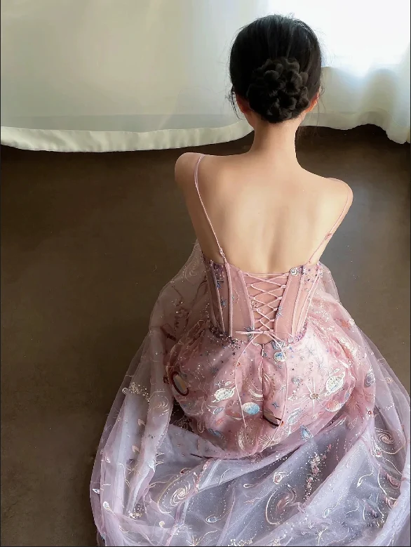 Fairy A line Straps Long Pink Lace Prom Dresses P1260 - Image 4