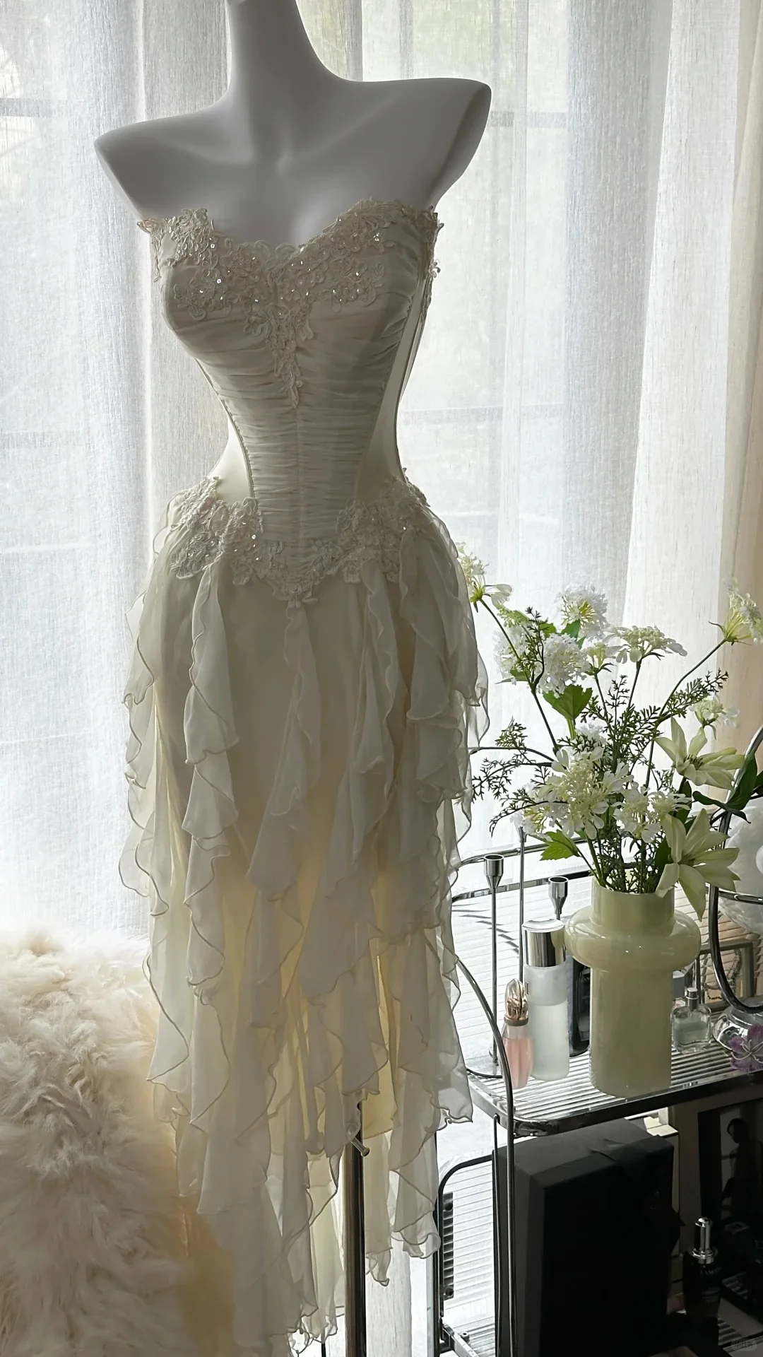 Fairy-like Tube Top With Heart-shaped Collar And Beaded Wood Ear Curled Skirt Chiffon Prom Dress P3294 - Image 4